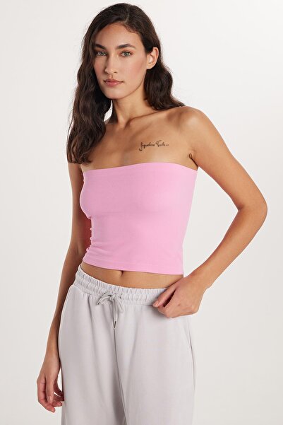 Tudors Γυναικεία Slim Fit Βαμβακερή Στράπλες Μονόχρωμη Ροζ Μπλούζα