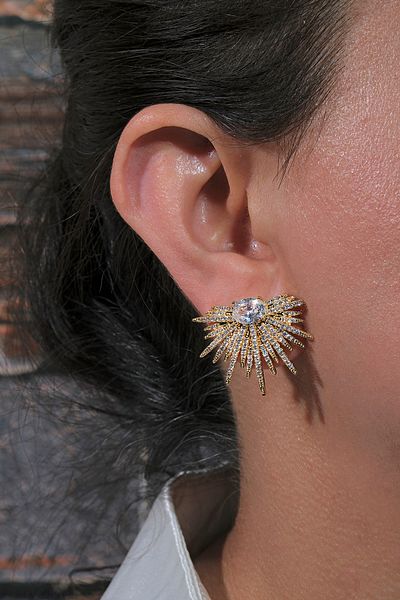 ÖZÜM TAKI Women's Zircon Stone Sun Model Gold Earrings