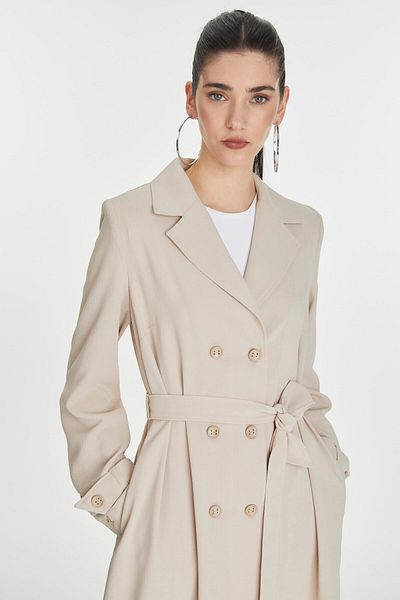 Zühre Double Breasted Collar Sleeve Detailed Belted Beige Cap 13761
