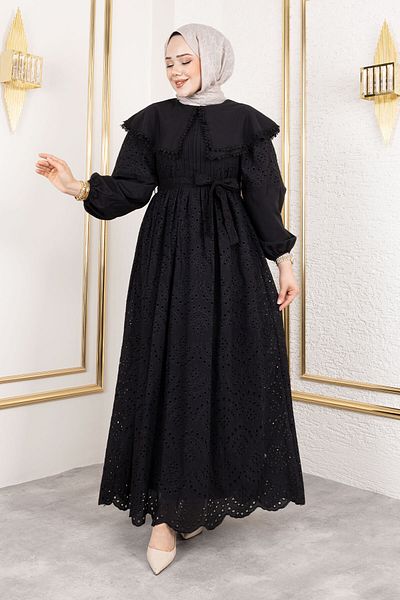 Tesettür Dünyası Baby Collar Belted Dress Tsd250158 Black