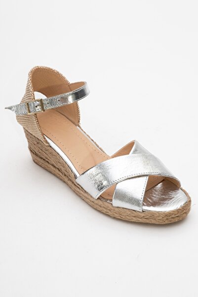 LuviShoes Mi̇ri̇a Silver Genuine Leather Cross-Strapped Women's Wedge Heeled Sandals