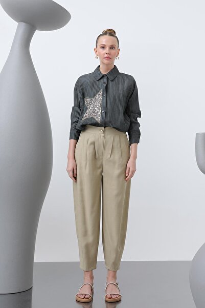 Puane Kadın Önü Korsaj Arkası Lastikli Şalvar Pantolon - 18235PNT - Zeytin Yeşili Yeşili