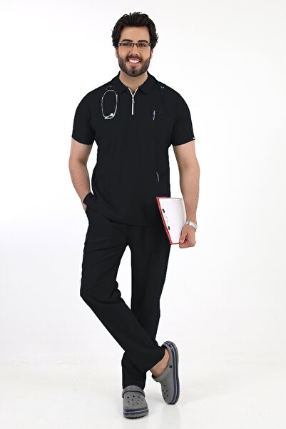 TİJA Siyah Likralı Polo Yaka Fermuarlı Erkek Doktor Hemşire Üniforma Takımı, ...