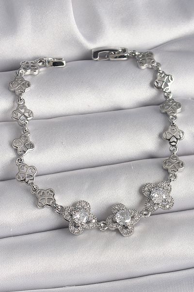 Skygo Brass Silver Color Zircon Stone Clover Model Women's Bracelet - Tj-Bb6813