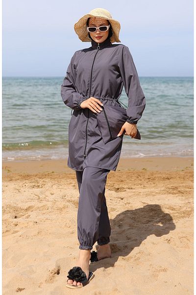 sefamerve Hijab Hijab-Badeanzug mit elastischer Taille und Tasche 5035-03 Anthrazit