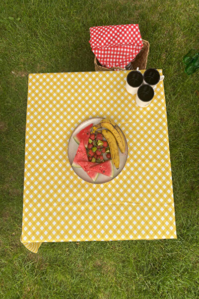 aymira home Dijital Baskı Çok Amaçlı Ekose Kare Sarı Pötikareli Sofra Bezi Ma...