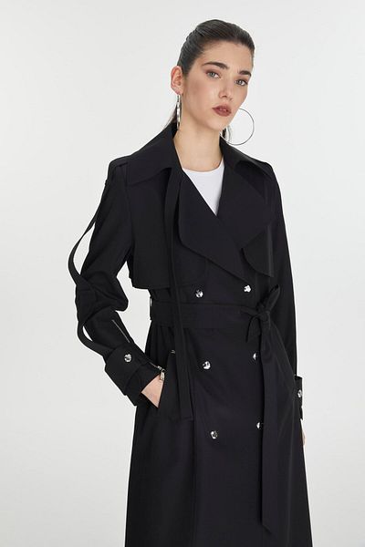 Zühre Double Breasted Collar Epaulet Detailed Belted Black Trench Coat 13760