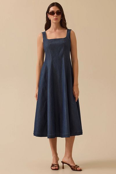 SEÇİL Women's Jean Gilet Dress with Pockets - Navy Blue