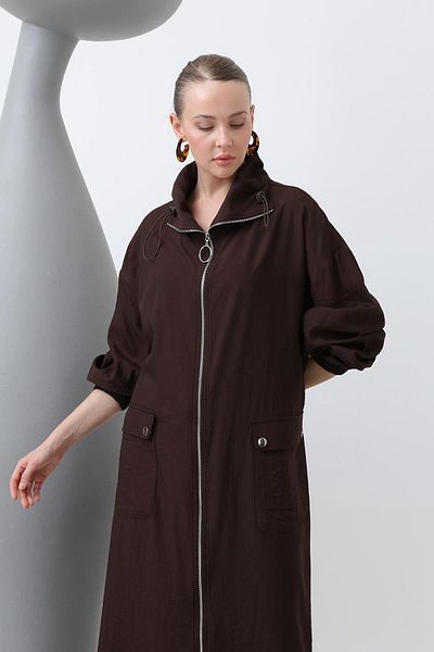Puane Women's Wide Collar Pocket Detailed Zippered Cap - 15202Hrk - Brown