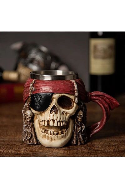 HEPBİMODA Viking 3D Pirate Skull Stainless Steel 500ml Embossed Mug Cup Tea Coffee Mug Cup