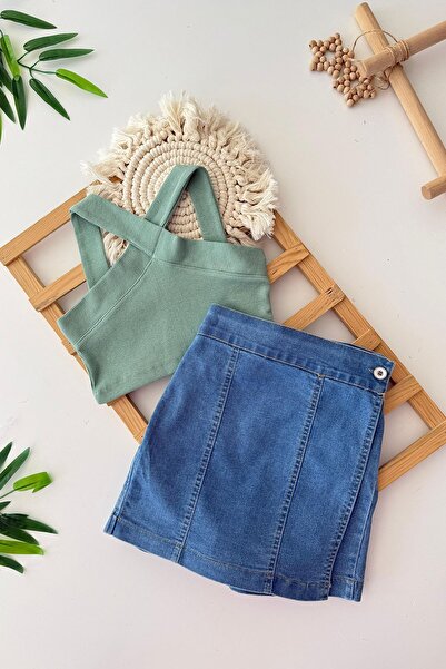 Minigimin Cicileri Miniğimin Cicileri Kız Çocuk Çapraz Askılı Kız Çocuk Crop Üst ve Kot Şort Etek - Yeşil