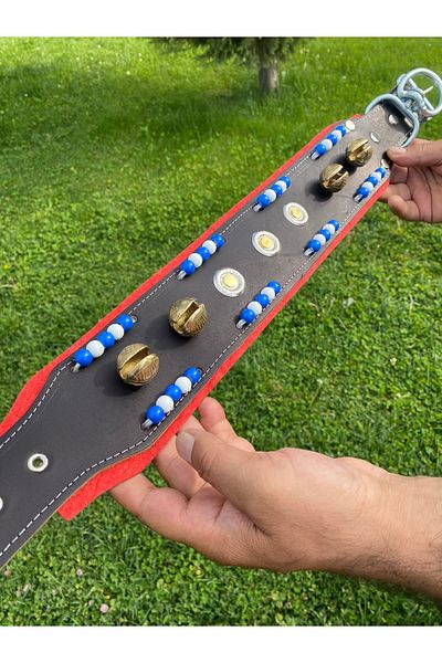Sürmeli Tasma Kangal Dog Collar with 4 Bells Genuine Leather Blue White Beads