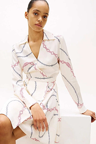 Tommy Hilfiger Kadın Th Fluid Viscose Mini Wrap Elbise - Ekru