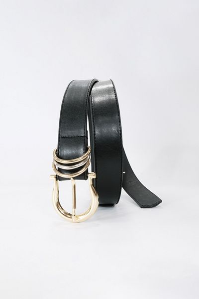 BE BLUE Black Double Color Leather Belt with Buckle Detail