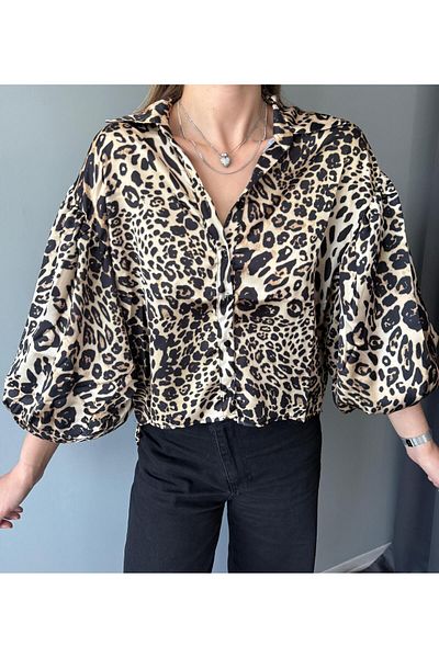 AlisaSu Cămașă leopard din satin cu mâneci balon