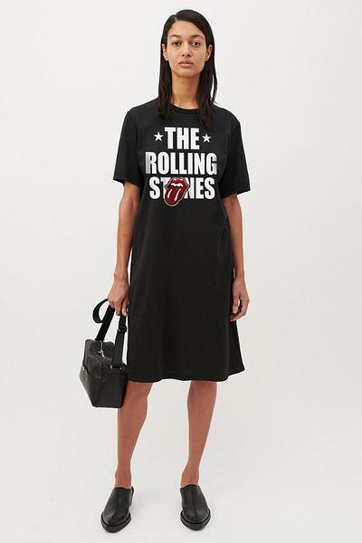 ROCKANDROLL Rochie neagră Rolling Stones, cu mânecă scurtă, lungime medie, din bumbac pieptănat