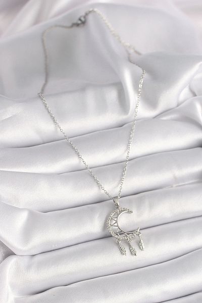 Clariss 316L Steel Silver Color Chain Zircon Stone Crescent Model Dangle Leaf Detail Women's Necklace