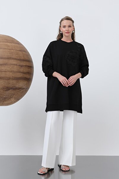 Puane Women's Lace Tunic with Flower Motif on the Front - 10652Tun - Black