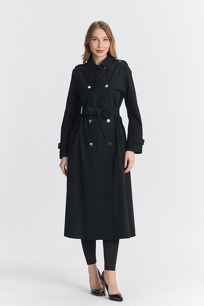 Zühre Shirt Collar Belted Epaulet Detailed Black Trench Coat 13762