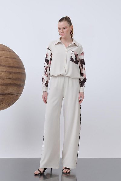 Puane Women's Elastic Waist Piping Detailed Loose Trousers - 18236Pnt - Beige