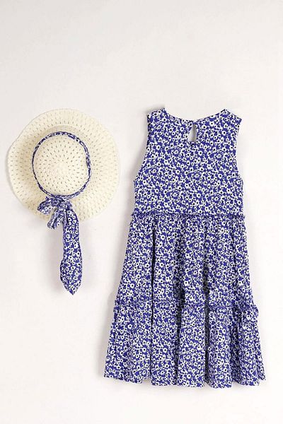 zepkids Crew Neck Zero Sleeve Floral Patterned Layered Hat Accessory Navy Blue Color Girl's Dress