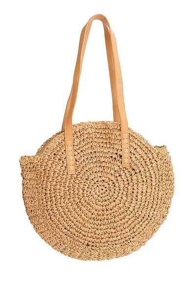 Mio Gusto Camel Color Round Knitted Straw Women's Hand and Shoulder Bag