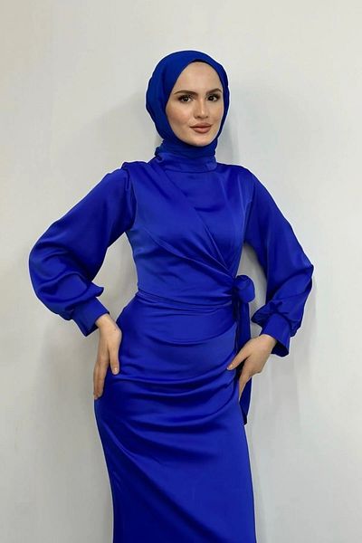 Abiye Diyarı Γυναικείο βραδινό φόρεμα με λεπτομέρεια από σατέν με κορδόνια-Sax Blue