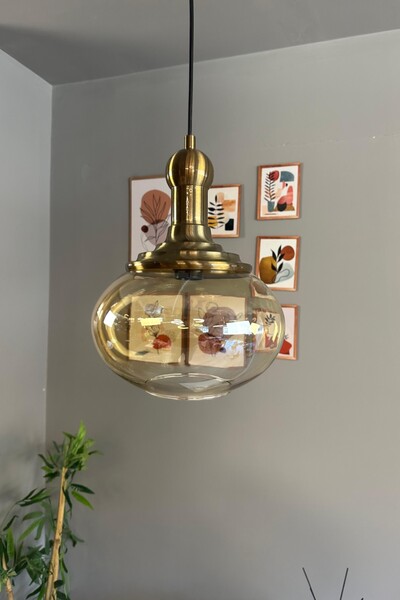 Bamyum Solvia Cam Bal Rengi Tekli Avize Uzun Eskitme Tokmak Başlık Retro Sarkıt Lamba Salon Aydınlatma