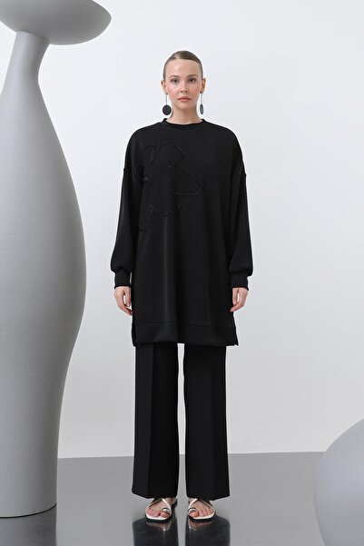 Puane Women's Front Embroidered Garni Detailed Tunic - 10627Tnk - Black