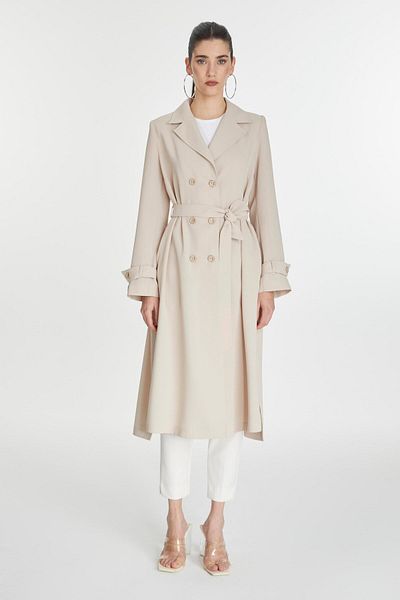 Zühre Double Breasted Collar Sleeve Detailed Belted Beige Cap 13761