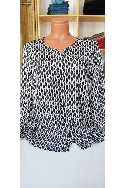 AKŞEN GİYİM Plus Size Jessica Cotton Polyester Fabric Collarless Black and White Pattern Mother Shirt with Foldable Sleeves