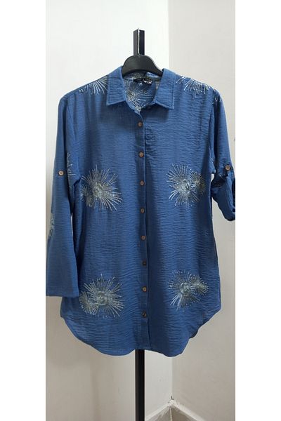 AKŞEN GİYİM Plus Size 100% Cotton Silvery Embroidered Shirt Collar Side Pocket 85 cm Tunic