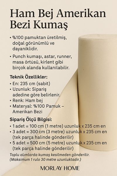 Morlay Raw Beige Fabric – American Cloth – Punch & Lining Fabric – Throw Pillow, Runner, Table Cloth, Upholstery