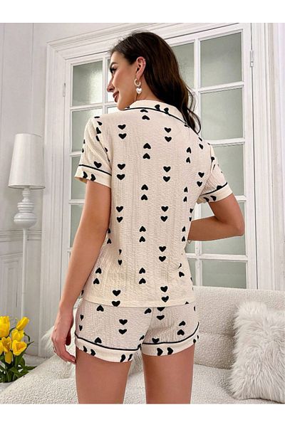 Miss Dünya Lissa Shirt Collar Heart Pattern Short Sleeve Woven Fabric Pajama Set with Shorts