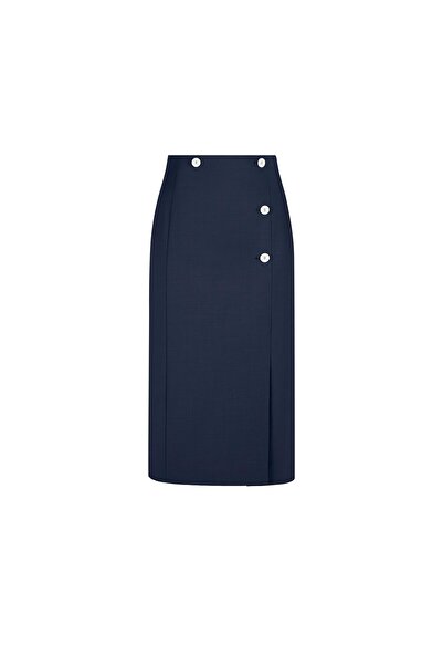 BİRELİN Asimetrik Düğmeli Yünlü Kalem Etek Koyu Yosun