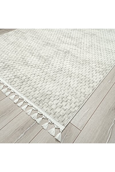 AVEN HOME Püsküllü Kaymaz Taban Yolluk Koridor Mutfak Halısı Makinede Yıkanabilir FİLDİŞİ