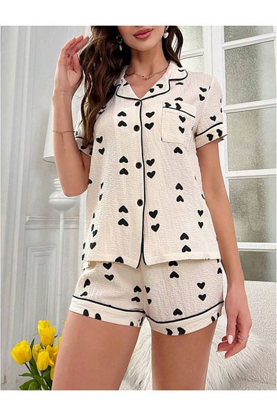 Miss Dünya Lissa Shirt Collar Heart Pattern Short Sleeve Woven Fabric Pajama Set with Shorts