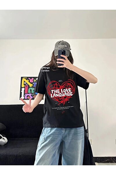 weywot Tricou unisex oversize cu imprimeu frontal The Love Language negru