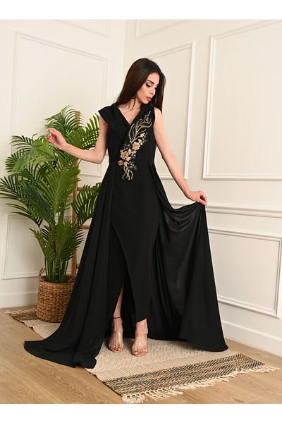 FULLJOY Long dress decorated with crystals and sequins on the chest, black