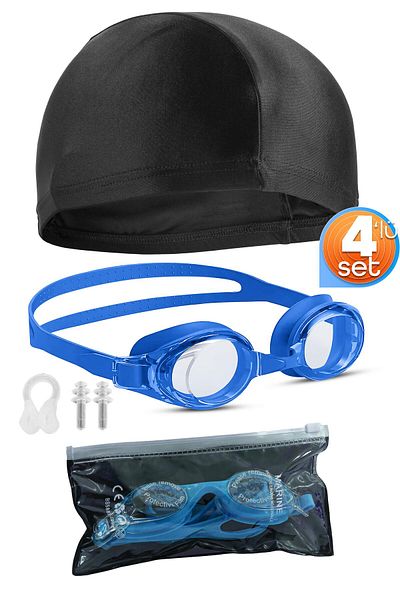 Telvesse Swimming Goggles Set of 4 Bonnet with Ear & Nose Plugs Adjustable Sea Pool Swimming Goggles Blue