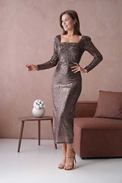 CİXAPLE Kare Yaka Pul Payetli Abiye Elbise