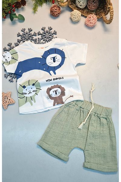 CemBebe Baby Boy Lion Patterned Shorts Eid Summer Suit