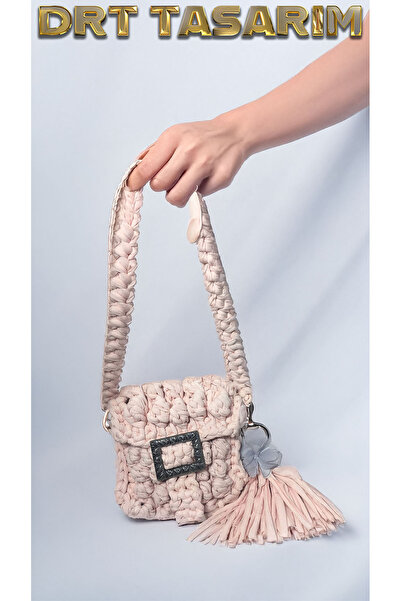 drt tasarım Kadın Penye İp Açık Pembe Mini Omuz Çantası DRT-BAG-0017