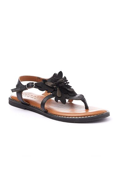 Deriderim Women's Sandals - Black Genuine Suede, Floral, Flip Flop Sole, Brown Leather, Ankle Strap