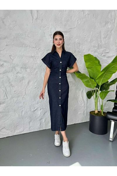 HARMONY GLOBAL Rochie din denim albastru închis cu fermoar lateral cu detaliu cu nasturi – Design elegant 7279