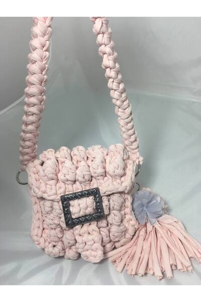 drt tasarım Kadın Penye İp Açık Pembe Mini Omuz Çantası DRT-BAG-0017