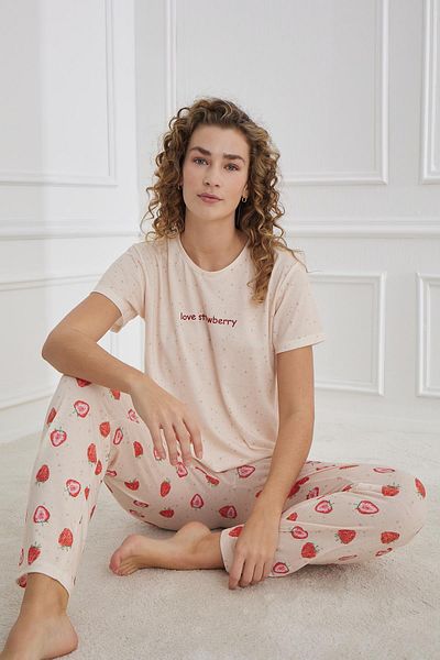 My Blog Salmon Short Sleeve Strawberry Patterned Pajama Set - 70109