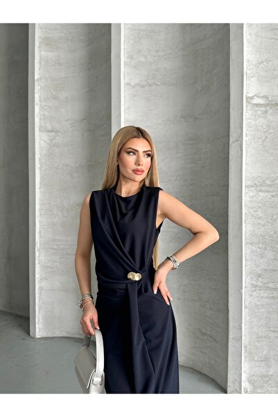 Moda Palmiss Női sötétkék kő részletes, hasított, stílusos Midi Linda ruha