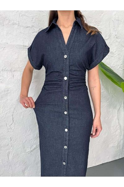 HARMONY GLOBAL Rochie din denim albastru închis cu fermoar lateral cu detaliu cu nasturi – Design elegant 7279