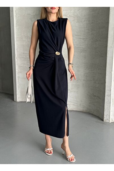 Moda Palmiss فستان ليندا متوسط ​​الطول أنيق للنساء باللون الأزرق الداكن ومزين...